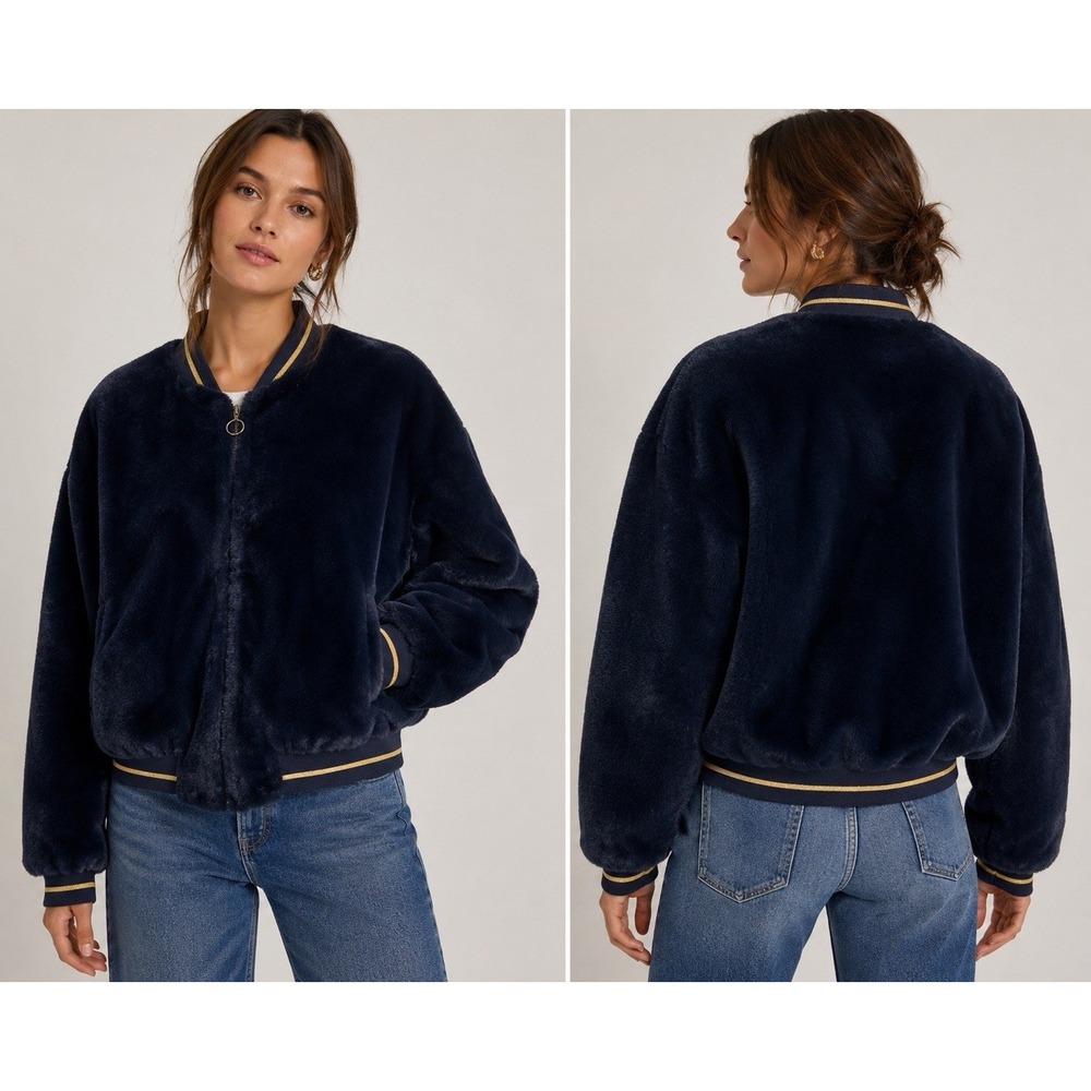 Rue des Abbesses Paris Faux Fur Bomber Jacket Medium Navy Gold Trim Zip T2